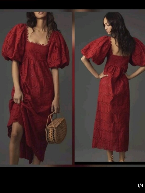 FARM Rio Dresses & Skirts - FARM Rio Crimson Eyelet Puff-Sleeve Midi Dress